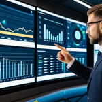 A professional safety engineer in a modest business suit, standing in a sophisticated, modern control room. Large, translucent data screens display complex charts and predictive analytics related to workplace safety. The individual is pointing at a screen, engaged in analysis, representing the integration of AI in risk prevention. The environment is clean and well-lit, emphasizing innovation and a forward-thinking approach to safety, fully clothed, appropriate attire, professional dress, safe for work, appropriate content, perfect anatomy, correct proportions, natural pose, well-formed hands, proper finger count, natural body proportions, professional photography, high quality.