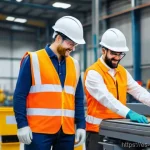 안전관리 관련 실무교육 추천 - A vibrant and modern factory floor, brightly lit and meticulously organized. Diverse adult workers, ...