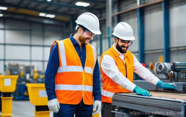 안전관리 관련 실무교육 추천 - A vibrant and modern factory floor, brightly lit and meticulously organized. Diverse adult workers, ...
