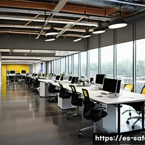 Home 7 안전보건 경영시스템 도입 사례 - **Prompt 1: A Thriving, Safe Workplace with Engaged Employees**
"A vibrant, wide-angle shot of a...
