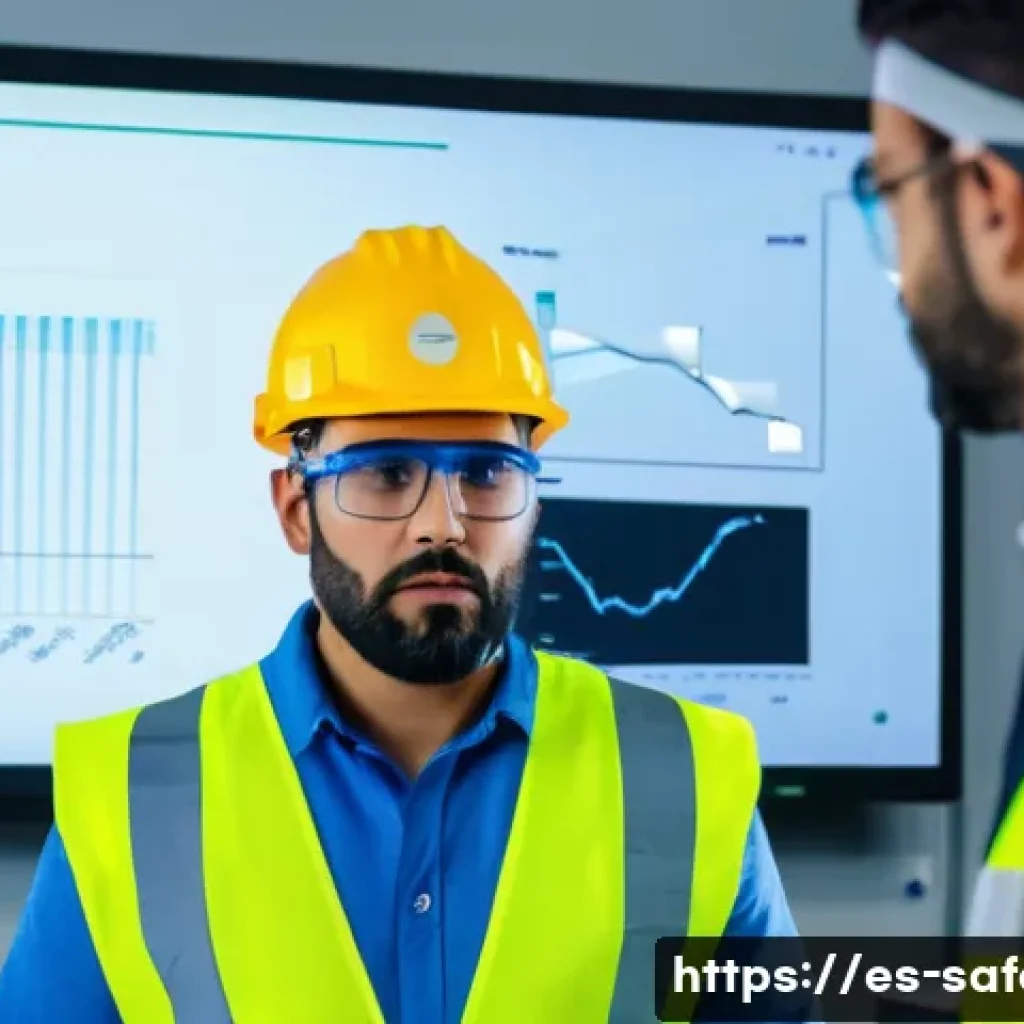안전관리 직무에서의 보고서 작성법 - A professional workplace safety meeting scene in a modern Spanish factory, featuring diverse employe...