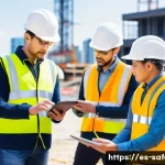 Home 21 안전관리 직무에서의 팀워크 중요성 - A diverse team of construction workers wearing safety helmets, reflective vests, and protective glov...