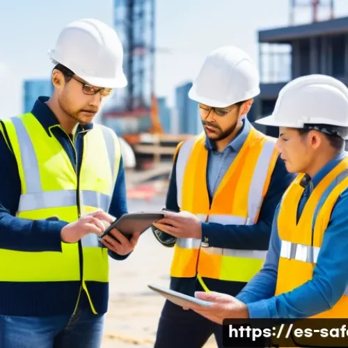 Home 33 안전관리 직무에서의 팀워크 중요성 - A diverse team of construction workers wearing safety helmets, reflective vests, and protective glov...