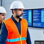 Home 20 신입 안전관리자를 위한 업무 적응법 - A modern Spanish industrial workplace scene showing a safety manager conducting a training session w...