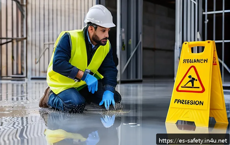 안전사고 보고서 작성법 - A detailed workplace accident scene inside a modern Spanish construction site during daylight, showi...