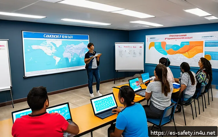 재해 발생 시 대응 매뉴얼 작성법 - A detailed emergency preparedness workshop scene in a modern community center in a Spanish-speaking ...