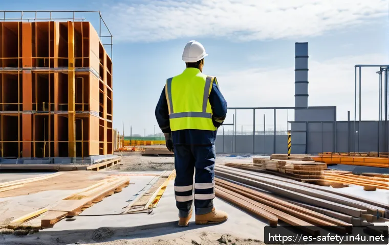 건설업 안전관리자의 일과 - A detailed construction site morning inspection scene showing a safety supervisor meticulously exami...