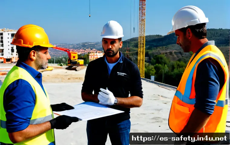 건설업 안전관리의 주요 이슈 - Photorealistic construction site safety briefing in Spain, diverse adult workers wearing hard hats, ...