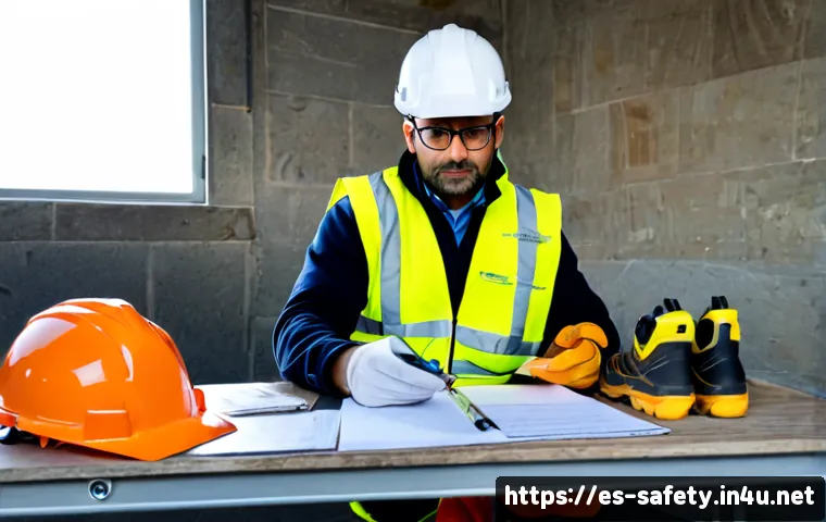 안전관리자의 필수 장비 소개 - Photorealistic safety manager at a Spanish construction site, wearing a plain high-visibility vest, ...